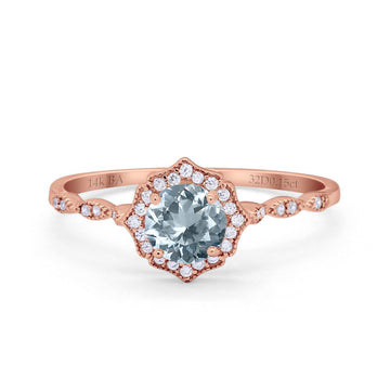 14K Rose Gold 0.99ct Round Petite Dainty 6mm G SI Natural Aquamarine Diamond Engagement Wedding Ring Size 6.5